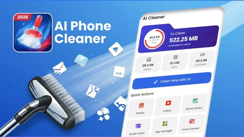 CleanX AI Cleaner home screen: 522.25 MB to clean, storage breakdown and quick actions for Photos, Videos, Secret Space, Email Check, App Manager and Email Cleaner