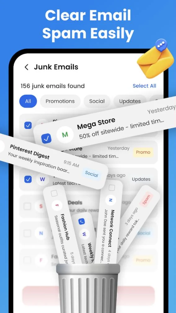 CleanX junk emails screen showing 156 junk emails found, sorted into Promotions, Social and Updates